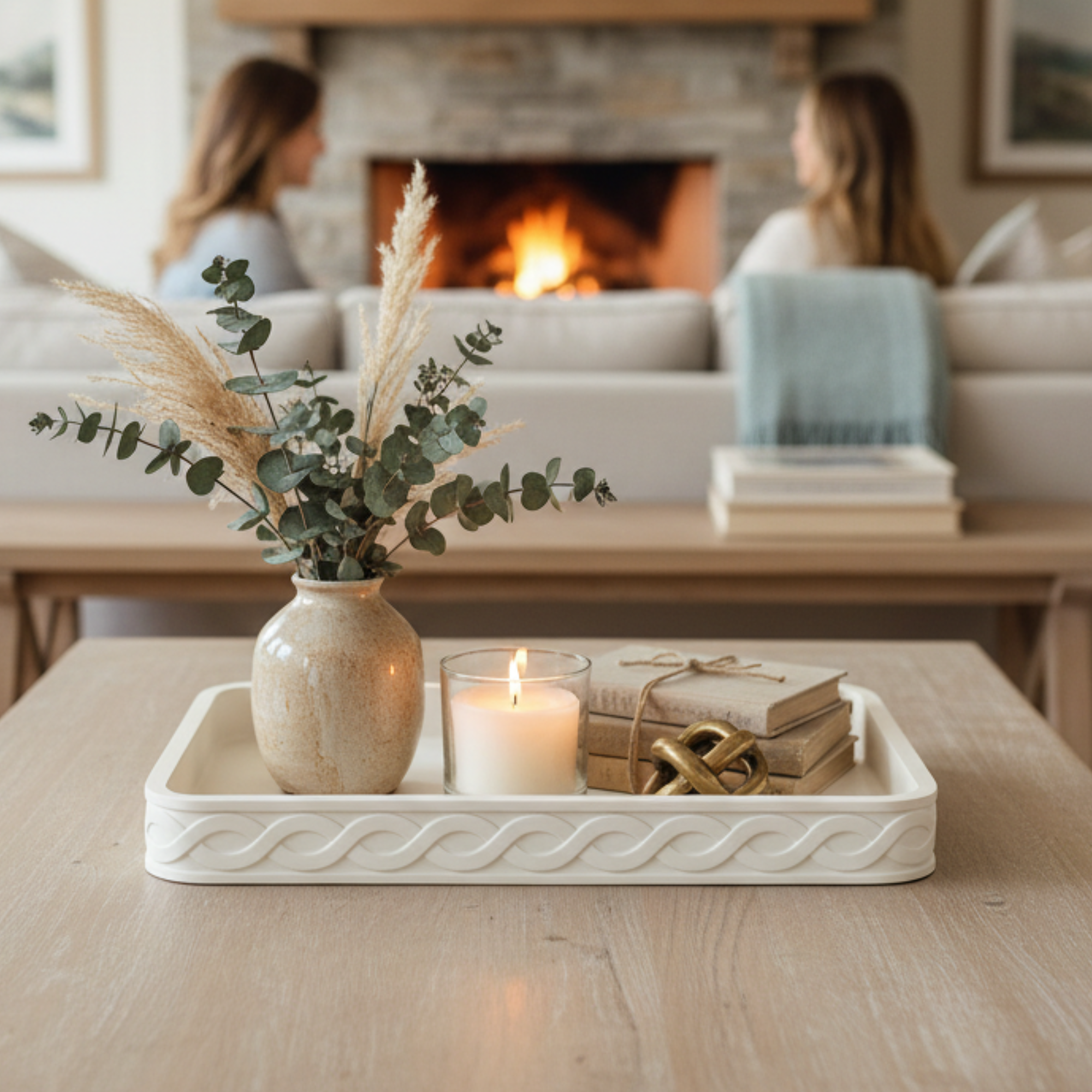 Decorative tray styled on a living-room coffee table
