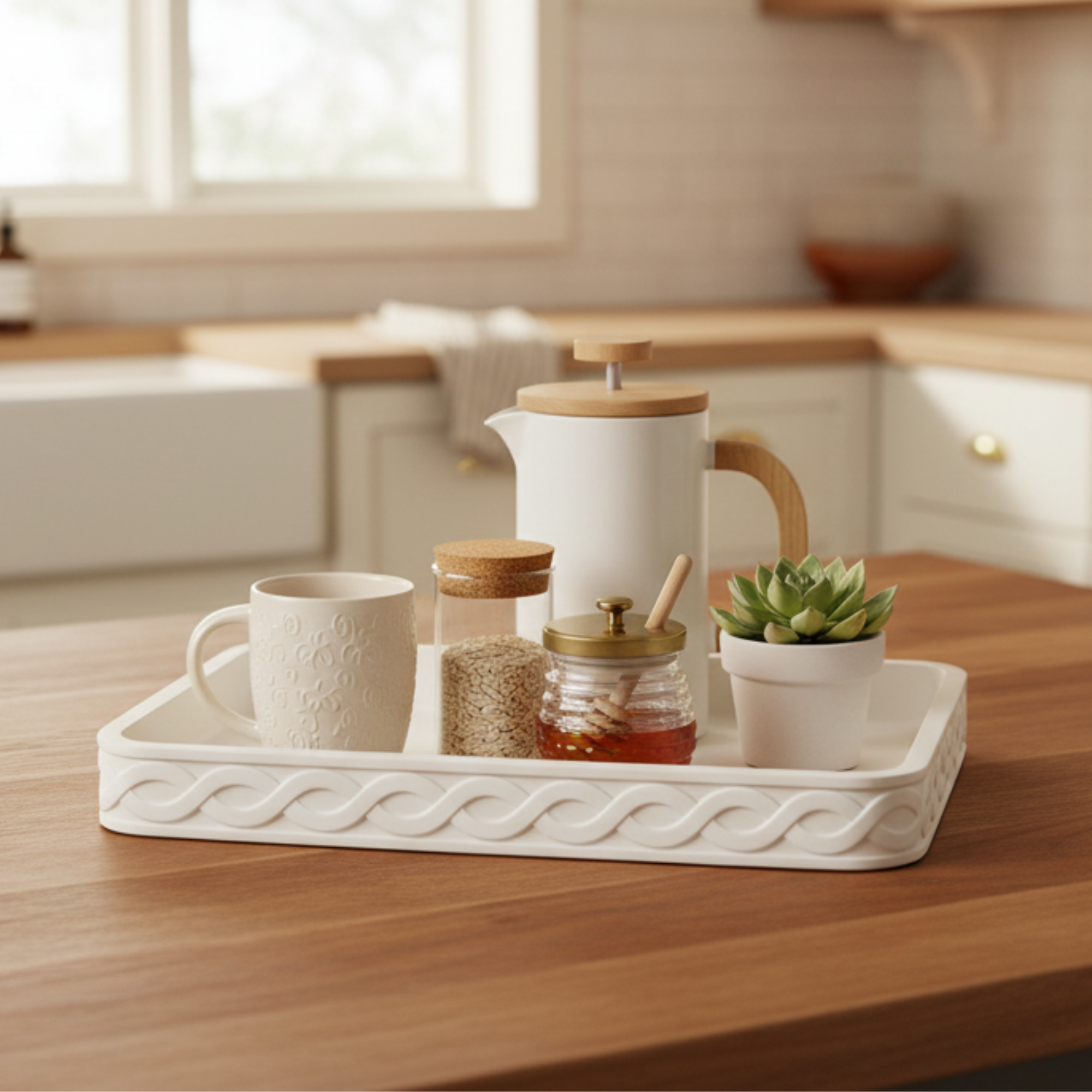 Decorative tray on a kitchen counter with breakfast pieces