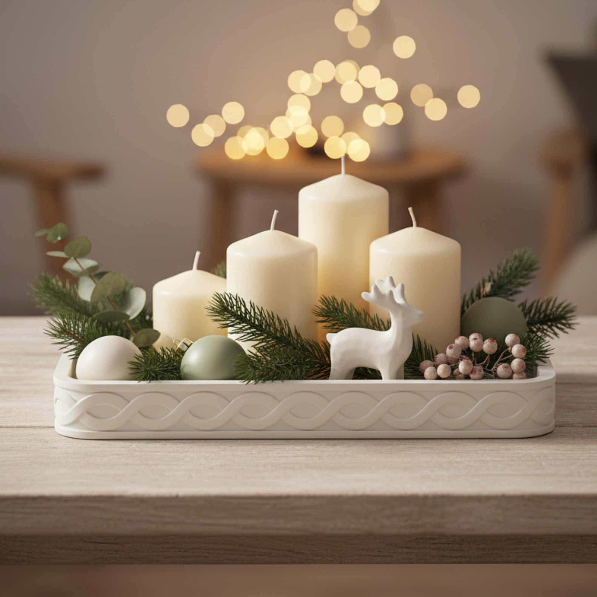 Decorative tray as a holiday centerpiece with candles and greenery