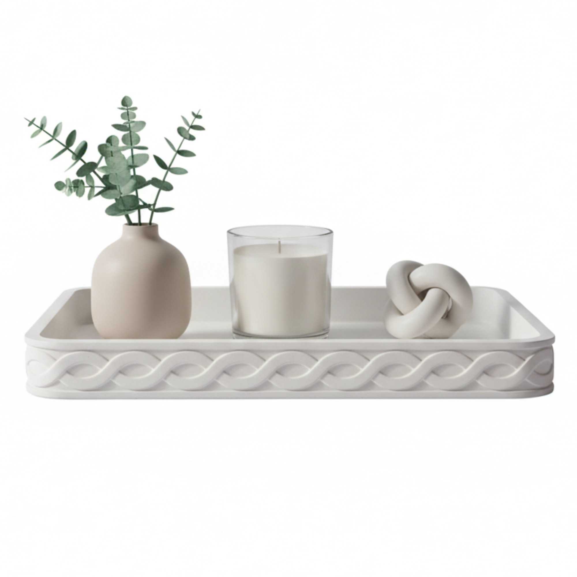 7 Day Living cream rectangular decorative tray with a raised braided edge, styled with a small vase, candle, and decorative knot